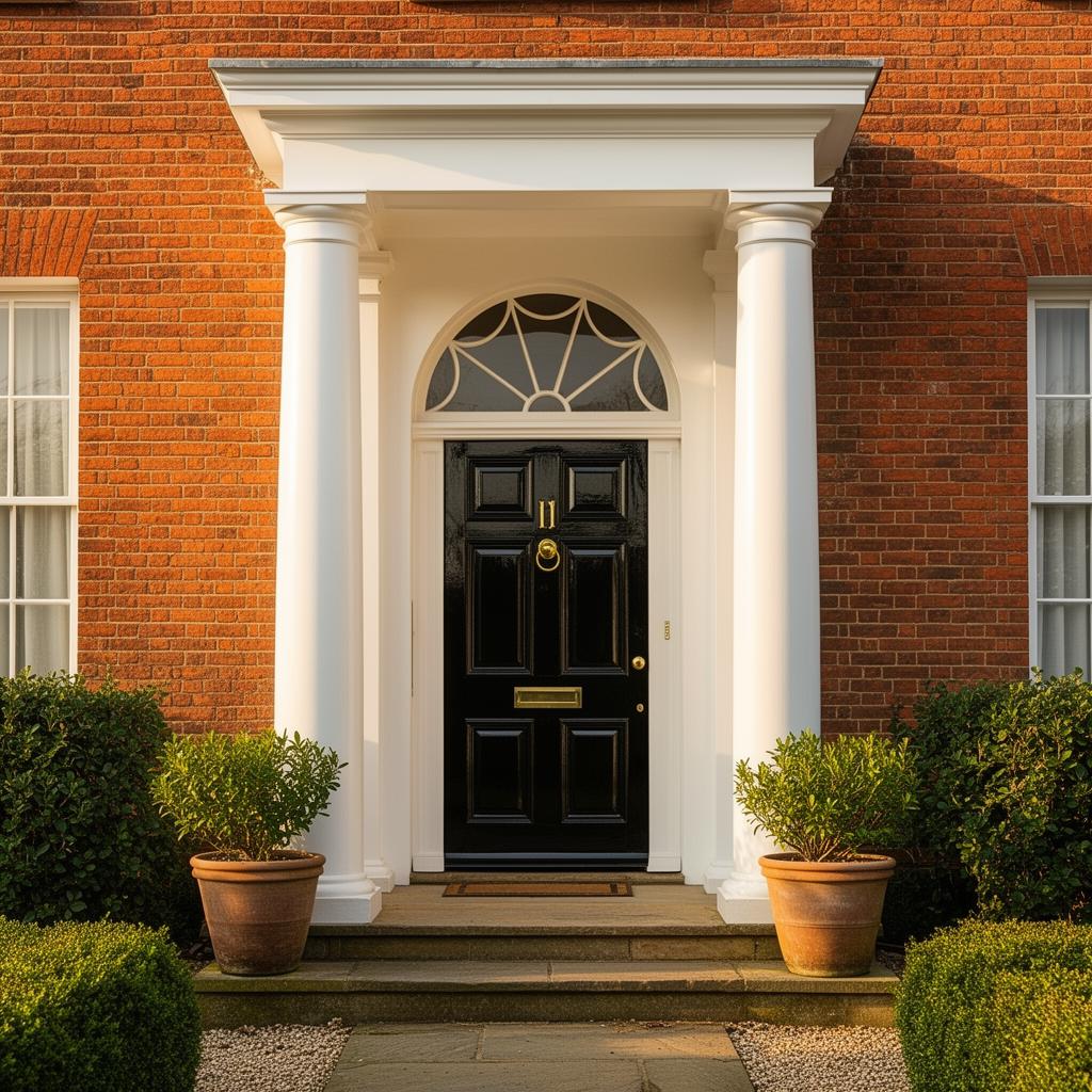 Elegant Georgian front door with a fanlight and white portico columns against a red brick facade