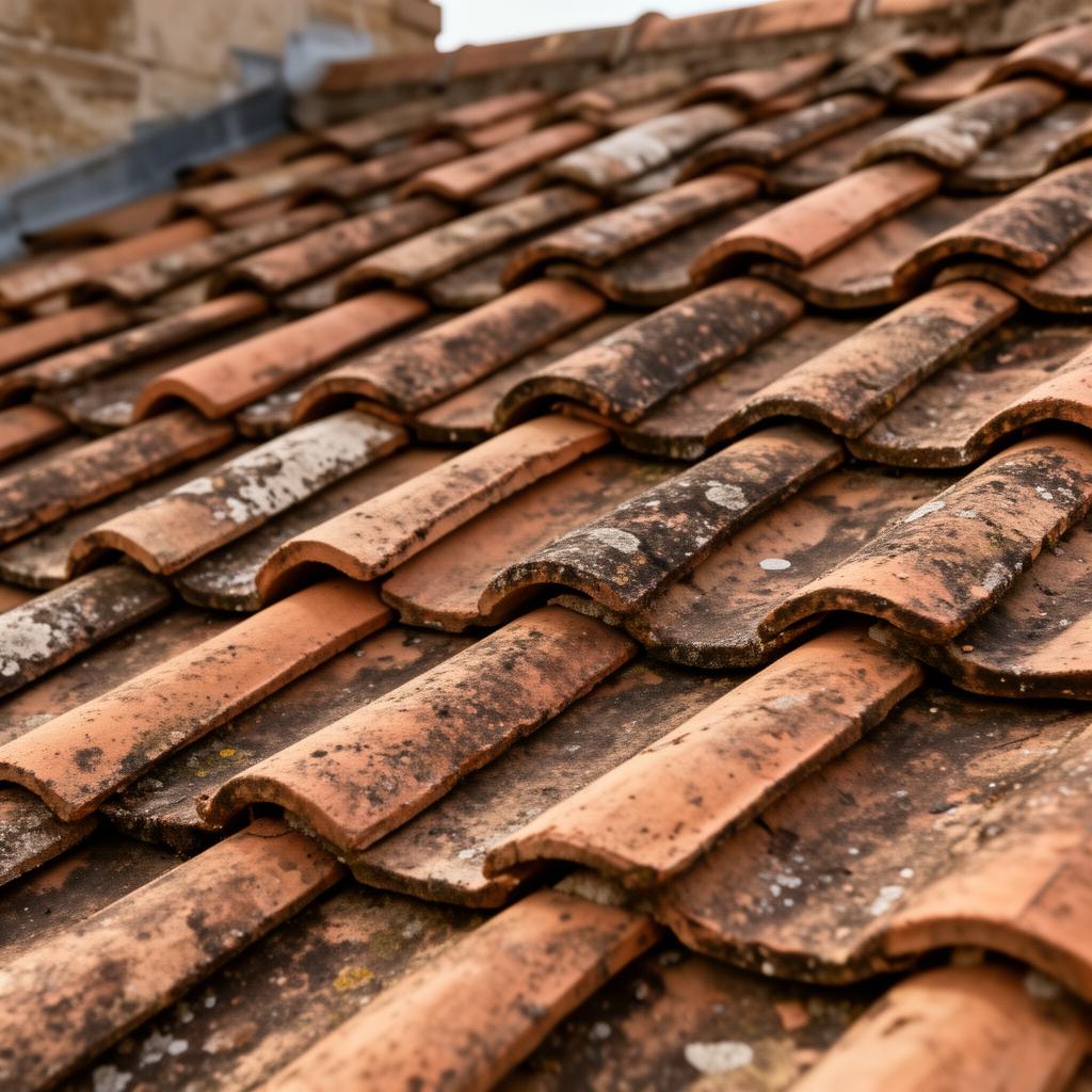 Close-up of weathered clay roof tiles