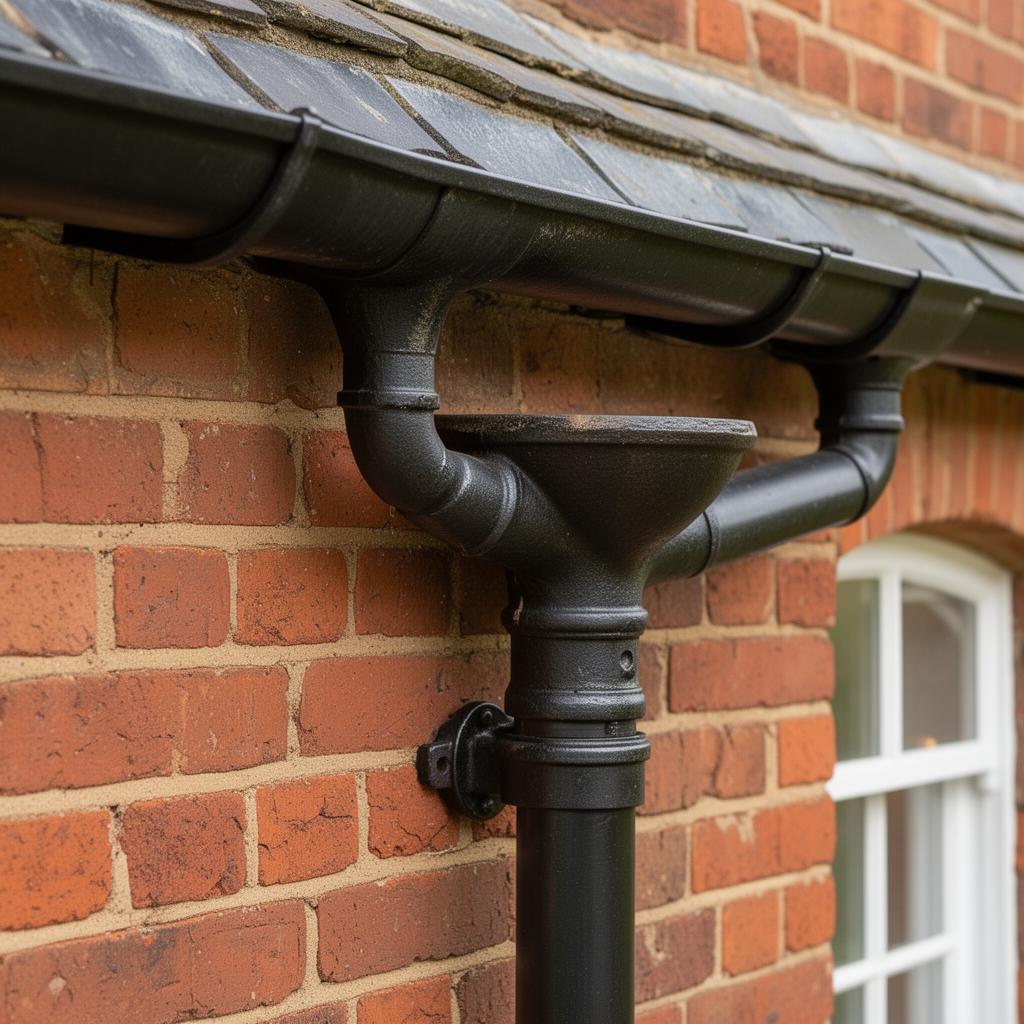 Cast iron rainwater goods on brickwork