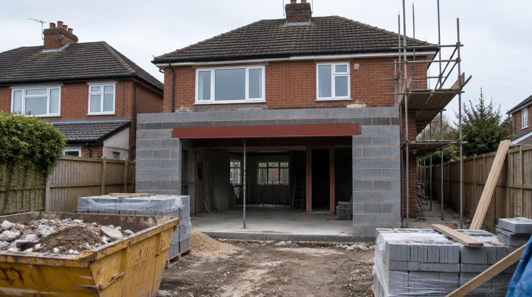 Rear extension under construction on a residential home