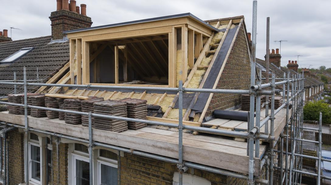 Loft conversion in progress with a new dormer, visible rafters and scaffolding