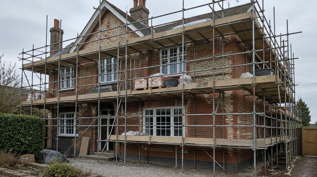 Traditional brick house wrapped in scaffolding during external renovation