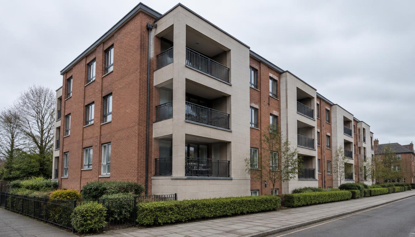 Modern red-brick apartment block with recessed balconies and pale facade panels