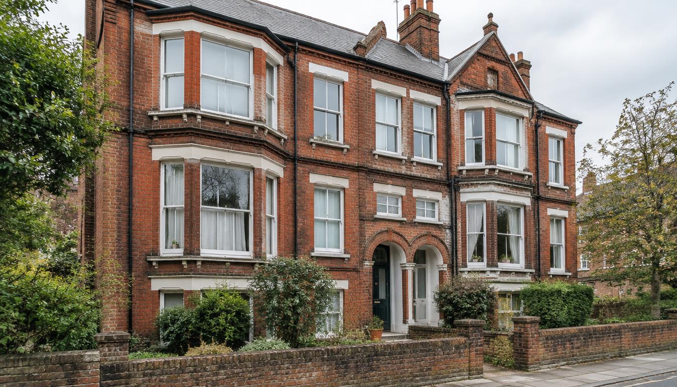 Older red-brick mansion block with bay windows and shared entrances