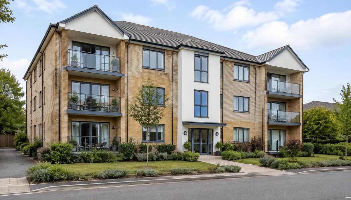 Modern brick residential apartment building with balconies and a shared entrance